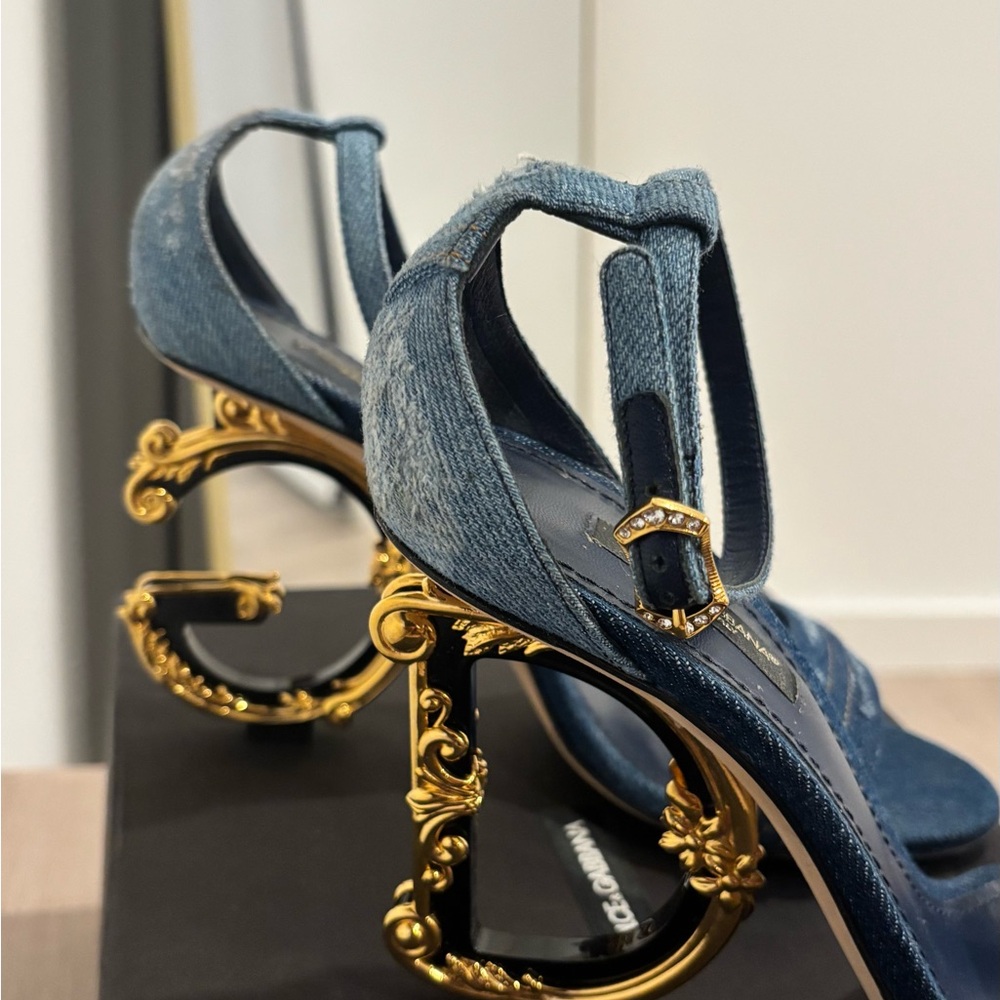 Dolce & Gabbana Blue Denim Heels with Gold Detail - Picture 2 of 5